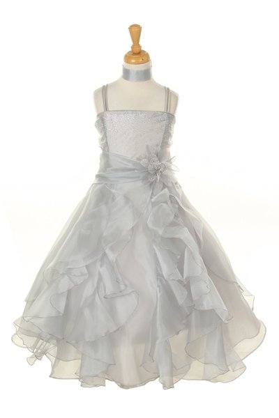 silver organza long ruffle dress